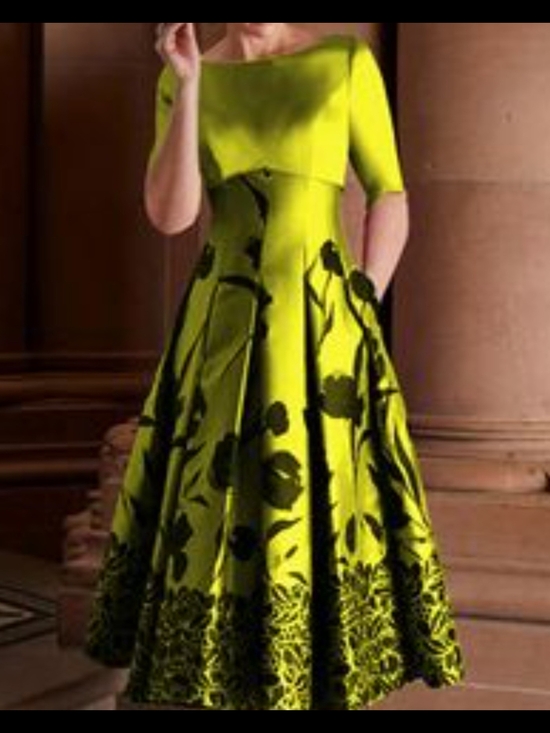 STYLEWE Dresses & Skirts - STYLEWE Lime Green Floral Midi Dress with Boat Neck